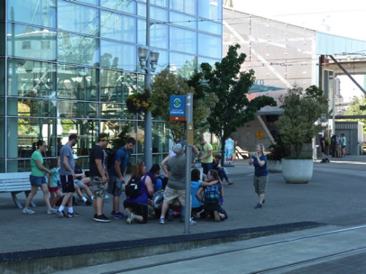 Other 4T Trail hikers waiting for Streetcar behind the OHSU Center for Health & Healing
